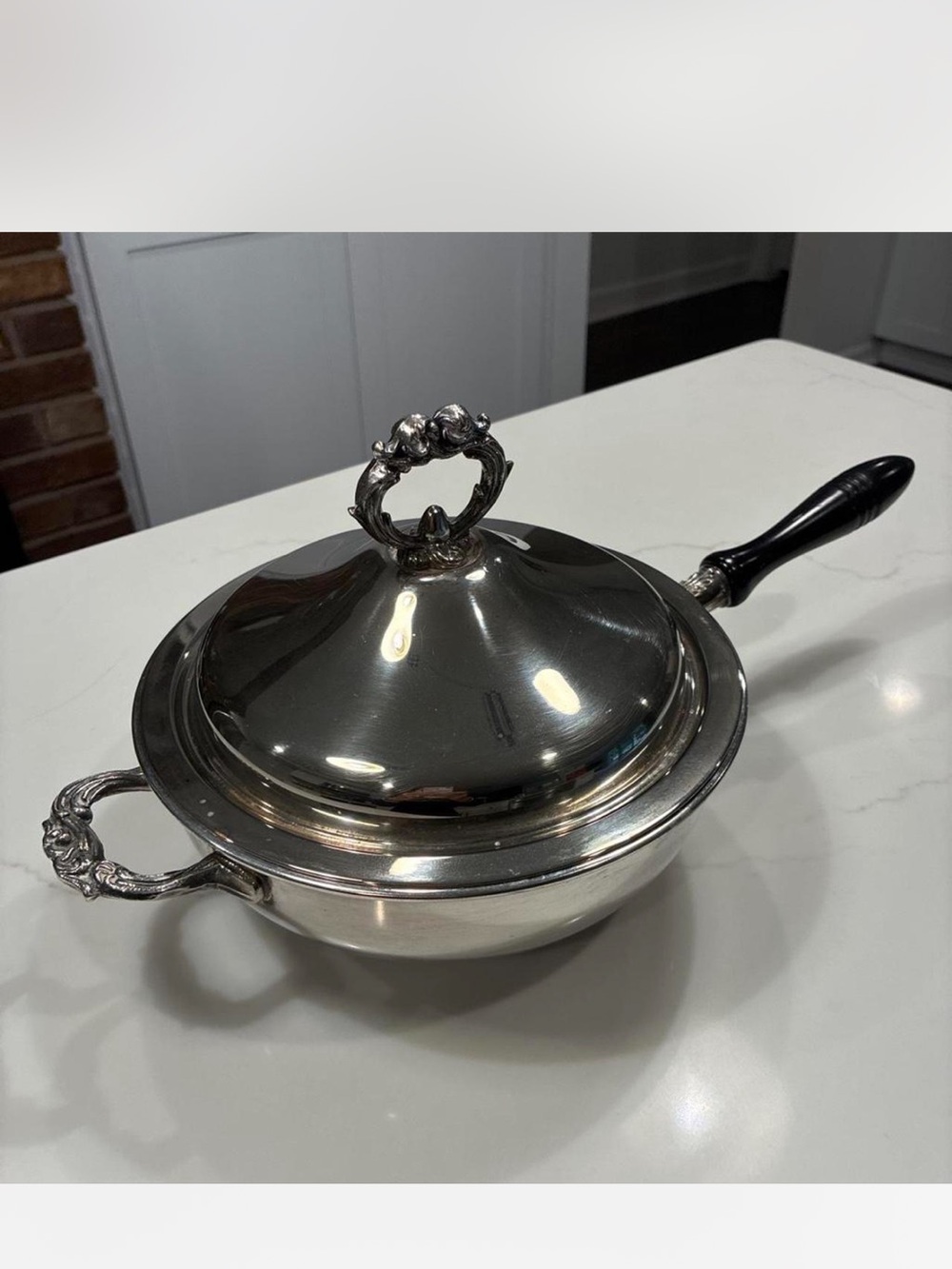Vintage Silver-Tone Covered Serving Pan with Black Handle - Picture 2 of 4